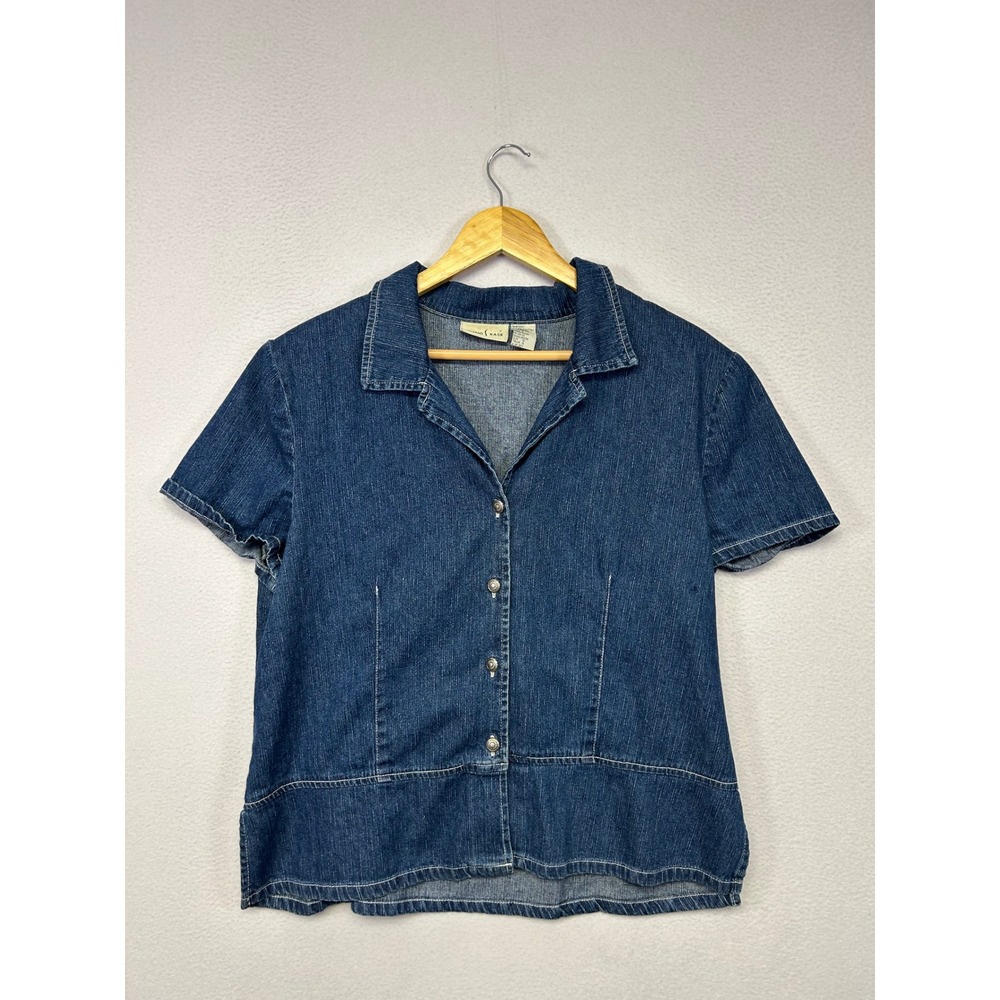 Vintage 90s Studio Ease Womens 16 Blue Denim Short Sleeve Button Up Shirt